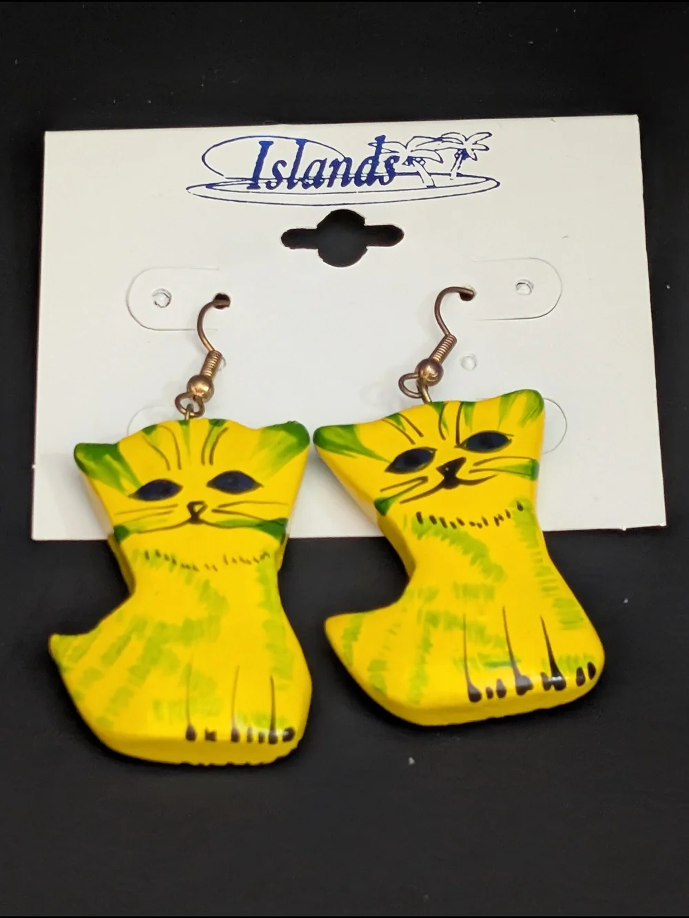 Vintage Hand painted Yellow Wooden Cat Dangle Earrings 42026-D3